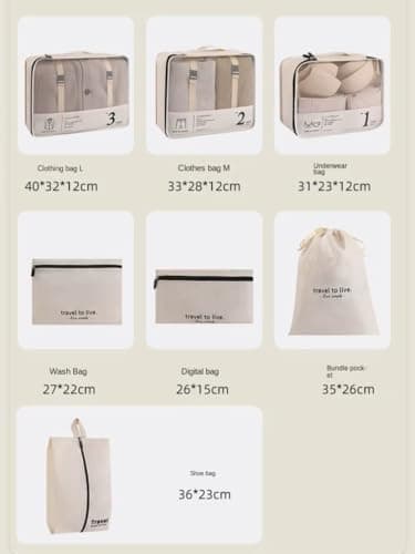 7 Piece Packing Cubes Set for Suitcases | Luxury Travel Organiser Bags | Compression Luggage Cubes with Shoe Bag & Pouches | Beige | Brand New — view 6