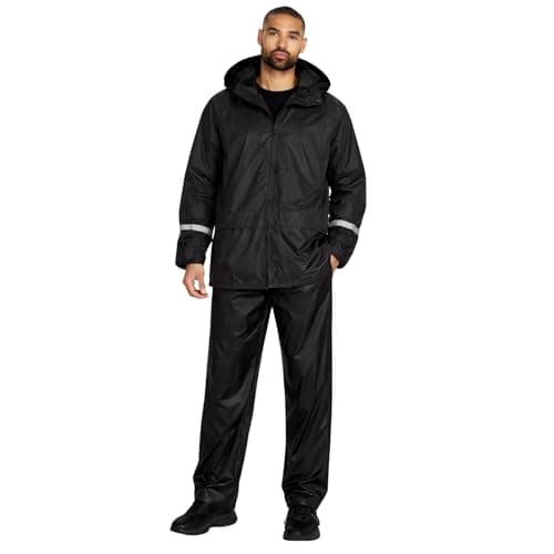 2 Piece Adults Unisex Waterproof Rain Suit Set Jacket Trousers Lightweight S-4XL (BLACK, XL)