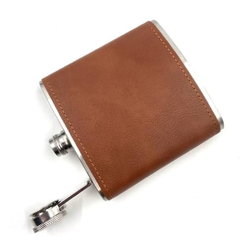 Vokowin 2 pcs 6oz Hip Flask with 2 Funnels, Stainless Steel Portable Pocket Whiskey Flask with Leather Wrapped Cover, Leak Proof Hip Flask for Men Women Travel Gift (Brown, Coffee)(K286-2) — view 4