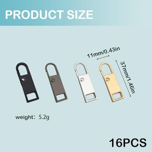 Verazquy 16Pcs Spare Zipper Pull Tab Replacement, Metal Zipper Clips Removable Handle Mend Fixer Pull with RemovableTabs Repair Accs Kit for Luggage Backpacks Purses Jackets Clothes Suitcases — view 2