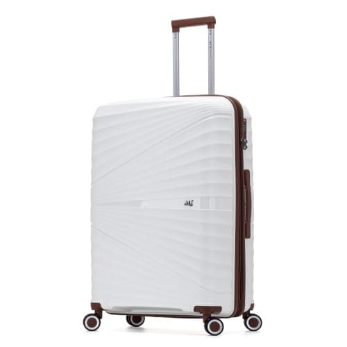 ATX Luggage Large Suitcase Expandable Unbreakable Polypropylene Hard Shell Hold Check in Fits 23-26KG Super Lightweight with 4 Dual Spinner Wheels and Built in TSA Lock (White/Brown, 133 Liters)