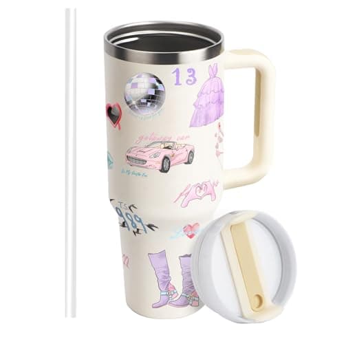 WALLFID 40oz Tumbler,Stainless Steel Insulated Mug with Handle and Straw,Reusable Cute Pattern Travel Coffee Cup,Large Capacity Tumbler for Women and Fans (Lid A)