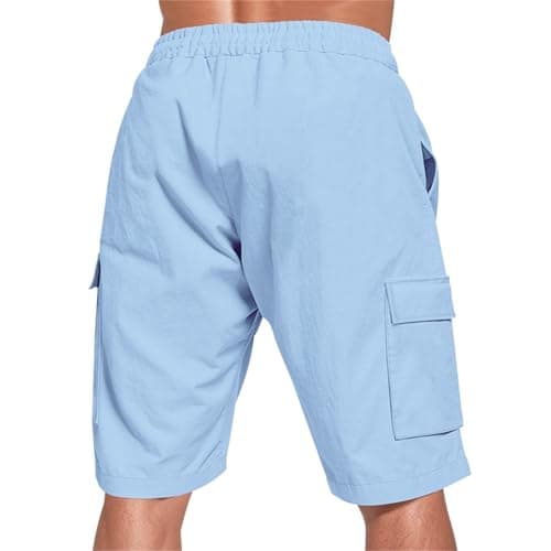 Men's Lightweight Linen Cargo Shorts with Multi-Pockets for Outdoor Hiking, Casual Loose Fit, Breathable Summer Shorts for Travel (Light Blue, S) — view 4