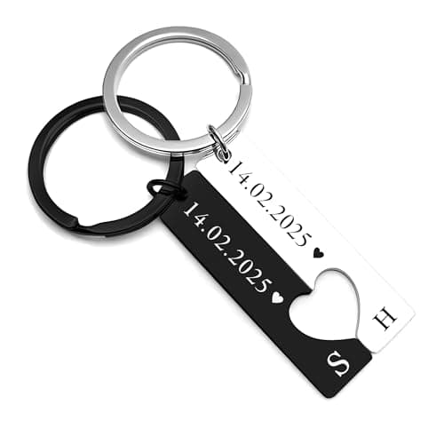 EDSG Personalised Keyring Custom Heart Keyring Set, 2Pcs Couple Keyrings, Valentines Gifts for Him Her Boyfriend Girlfriend, Matching Keychains, Engagement Gifts for Couples (Black+Silver)