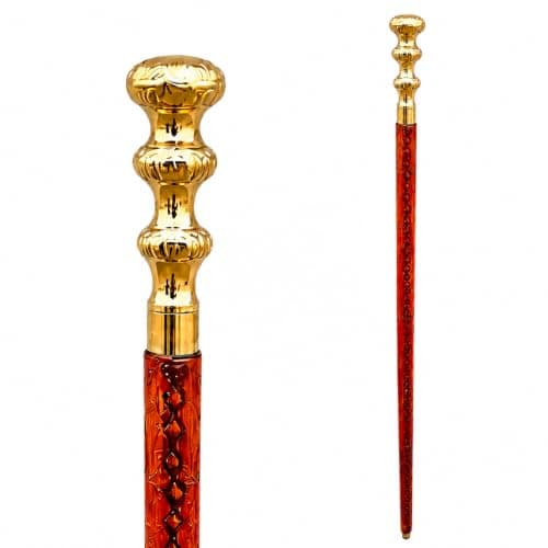 Wooden Walking Stick with Classic Brass Handle - Antique Folding Walking Stick for Men and Women - Victorian Style - Engraved Wooden Walking Stick