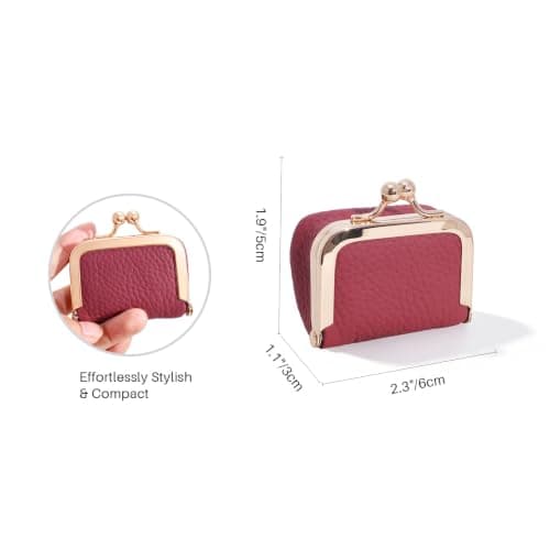 Nefokfdus Genuine Leather Mini Jewelry Box Coin Purse for Women,Solid Color Kiss Lock Jewelry Case Organizer,Mini Travel Ring Box, Wine Red, Pouch — view 2
