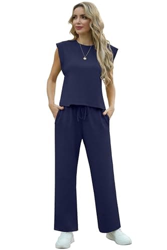 GRECERELLE Womens 2 Piece Outfits Summer Tracksuit Full Set Casual Travel Outfit Crew Neck Coords Sets Lounge Wear Sets Cap Sleeve Top And Long Trousers With Pockets for Women UK (Navy Blue, M) — view 5