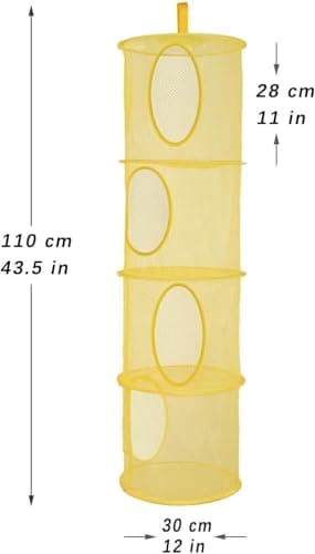2 Pcs Hanging Mesh Space Saver, 4 Compartment Foldable Hanging Toy Storage Organizer Large Teddy Bear Storage Net Bag Basket for Kids Room Bathroom Balcony (Yellow&Blue) — view 2