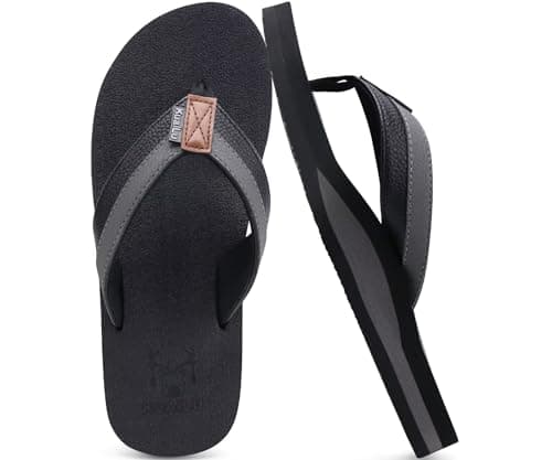 KuaiLu Leather Flip Flops Men Support Thong Sandals Shower Dark Black 9