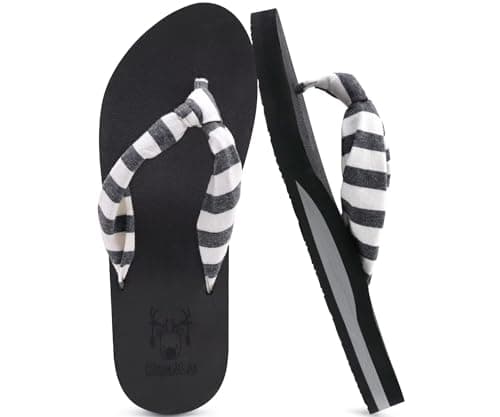 KuaiLu Flip Flops Women Fabric Support Sandals Beach Thong Black White 6