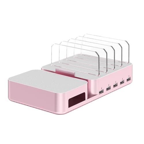 USB Multi-Port Charger, 60W 5-Port + Wireless Charging Stand, with 5 Stands, Suitable for iOS and Android Systems,Pink