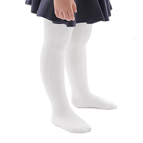 Marchare Baby Girls Tights Thick Solid Cable Knit Leggings Winter Warm Stockings For Toddler Girls 1-2T White 1 Pack