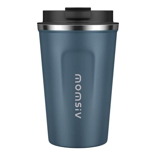 MOMSIV Blue Coffee Cup, Vacuum Reusable Leakproof Double Wall Coffee Cup, Insulation Stainless Steel Eco-Friendly Travel Office Mug for Hot Coffee Tea and Cold Drinks, 13oz/380ml