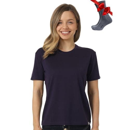 Merino.tech Merino Wool T Shirt Women - 100% Merino Wool Base Layer Womens Short Sleeve Tee + Hiking Socks (X-Large, Dark Purple Crewneck)