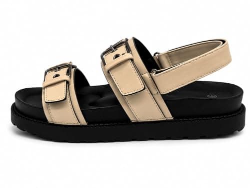 Core Collection Womens Buckle Sandals Ladies Open Toe Faux Leather Platform Gladiator Shoes (Beige, UK Footwear Size System, Adult, Women, Numeric, Medium, 4) — view 2
