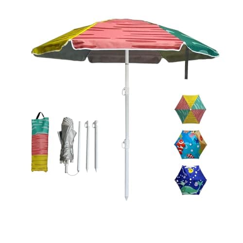 LOTTAFUN 5ft Beach Umbrella Diameter 0.99-1.2 Inch Pole Resistant UV 50+ Portable Sun Shade with Sand Anchor & Carry Bag, Outdoor Folding Umbrella for Beach,Pool,Patio,Garden (3 Color Block) NO Tilt