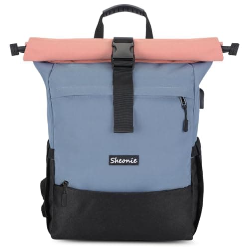 Sheonie Roll Top Backpack for Men Women, Expandable Laptop Backpack Fits 15.6 Inch with USB Charging Port, Large Water Resistant Rucksack School Bookbag for Travel Work Business Camping (Pink)