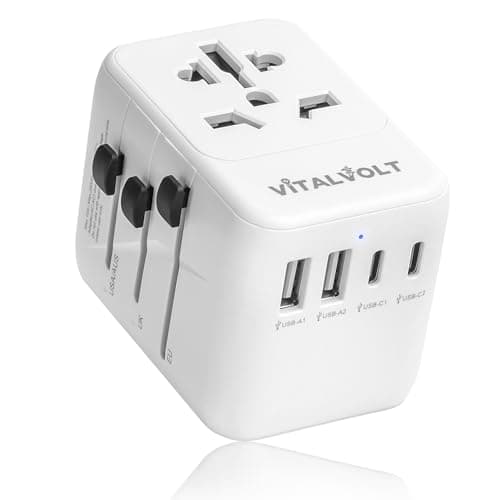 VitalVolt Universal Travel Adapter Worldwide All-in-One International Plug with 2 USB-C & 2 USB-A Fast Charging Ports, Dual Safety Fuse, Compact UK EU AUS USA Travel Adapter for 225+ Countries (SVP)