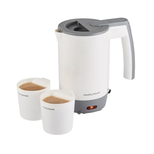 Morphy Richards Compact Travel Jug Kettle, 0.5L, Lightweight, Auto Switch Off, Boil Dry Protection, Hinged Lid, Fits Small Spaces and luggage, includes 2 Cups, White and Grey, 107001