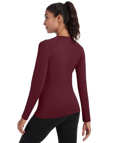 Runhit Thermal Tops Womens Long Sleeve Fleece Lined Compression Shirt Soft Warm Base Layer Moisture Wicking Sports Underwear for Ski, Running Gym Workout Burgundy L — view 2