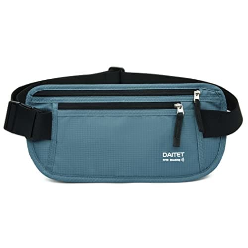 RFID Blocking Money Belt for Men Women, Slim Fanny Pack for Travel,Running,Conceal Waist Wallet for Passport Holder,Phone,Cash(Black Turquoise)