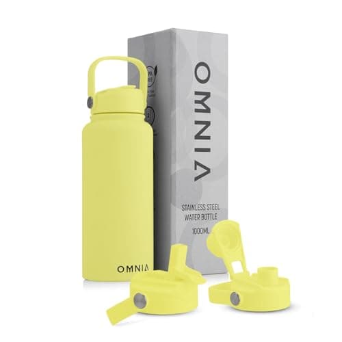 OMNIA NUTRIENTS Vacuum Insulated Stainless Steel Water Bottle, 2 Lids (Straw & Spout) Leakproof, BPA-Free, Reusable Flask Ideal for Travel and Outdoors (Mellow Yellow - 1000 ml)
