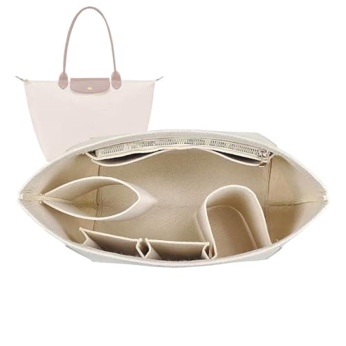 Lckaey tote bag organizer insert for Longchamp le pliage large tote insert felt purse zipper bag organizer 1028beige-M