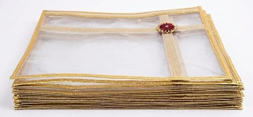 Indianearth Enterprises Premium Transparent Saree Cover, Saree Bags For Storage, with Gold Border and Flower Brooch, Clothes Cover Organizer for Wardrobe, Travel, Wedding Dresses (Pack of 10) — view 4