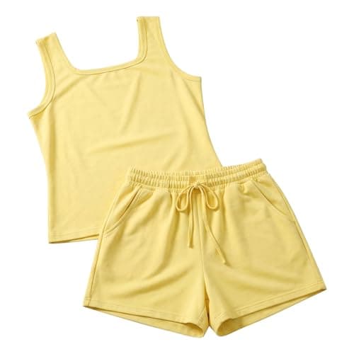 Coord Sets for Women UK Yellow Square Neck Vest Tops and Wide Leg Shorts 2 Piece Travel Airport Outfits Casual Pyjamas Loungewear Leisure Suits Activewear Streetwear UK 12 — view 5