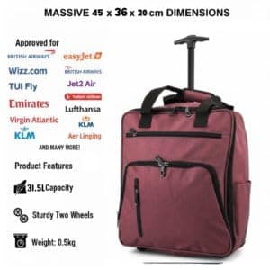TR-E-002 EasyJet Cabin Bags 45x36x20cm Underseat Rucksack for Plane Hand Luggage Backpack Rolling Wheeled Travel Backpack with Adjustable Height Handle Pink — view 3