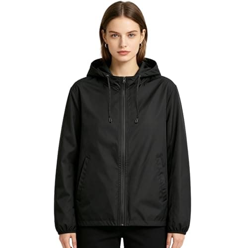ADUDVLO Packable Waterproof Jacket Womens Lightweight, Hooded Rain Jacket Windproof Raincoat for Women with Pockets for Hiking, Travel, Running (UK, Alpha, S, Regular, Regular, Black) — view 2