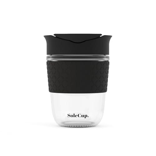 SoleCup. - Reusable Strengthened Glass Travel Cup - Spill Proof Coffee Mug - 12oz/340ml BPA-Free Hot Drink Travel Mug with Lid & Silicone Band (Black, 12oz / 340ml)