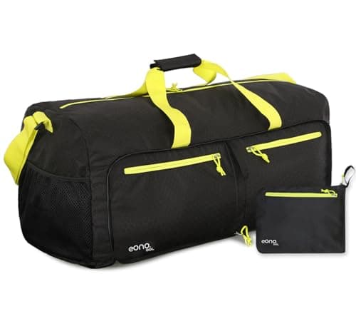 Eono 90L Foldable Travel Duffle Bag Hold All Travel Luggage Bag Holiday Pack with Multi-Pockets for Women Men (Black+Yellow)