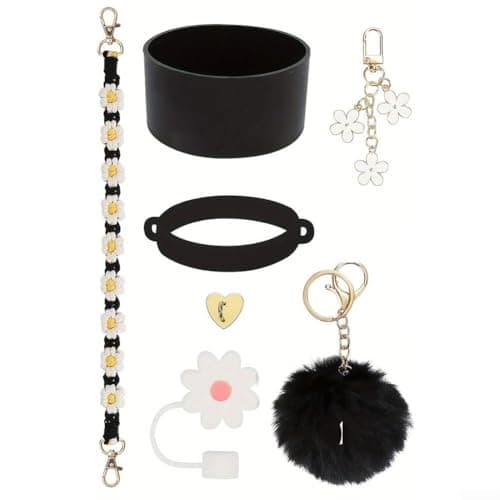 Silicone Cup Chain Accessories 7PCS for 30oz and 40oz Hydration Bottles with Hand Strap and Wool Ball Pendant for Secure Handling (black) — view 2
