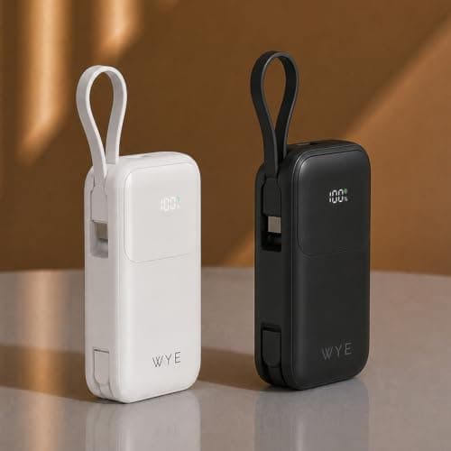 WYE 10000mAh Portable Power Bank with Built-in USB-C & Lightning Cables, 22.5W Fast Charging External Battery Pack, Compact Powerbank Charger for iPhone, Samsung, Pixel and Android - White — view 6