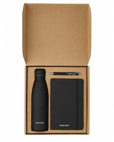 Personalised Executive Gift Set with A5 PU Notebook, Aluminium Ballpoint Pen & 500ml Stainless Steel Insulated Bottle | Custom Engraved Corporate Gift Box