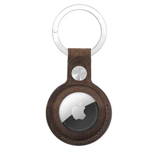 Genuine Leather AirTag Keyring Holder for Apple AirTags. Anti-Lost Scratch-Resistant Secure Key Ring Case for Key, Dog/Cat Collar, Luggage Bag. Protective Cover Keychain for Air Tag Accessory (Coffee)
