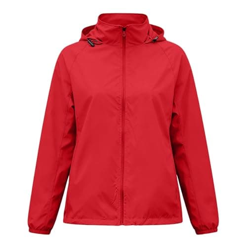 Lightweight Waterproof Jacket Womens Hooded Windbreaker Rain Coat,Outdoor Long Sleeve Softshell Jackets Ladies Sun Protection Full Zip Raincoat for Beach Hiking & Travel Red, M — view 3