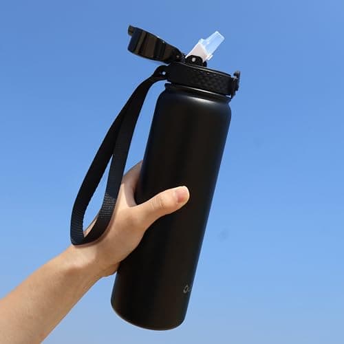 OLDLEY Stainless Steel Water Bottle with Straw 1L Vaccum Insulated Large Drink Flask Metal Water Bottles 1 Litre Leakproof Keep Drinks Hot Cold for Bike Sports Gym with Different Lids(Black, 3 Lids) — view 5