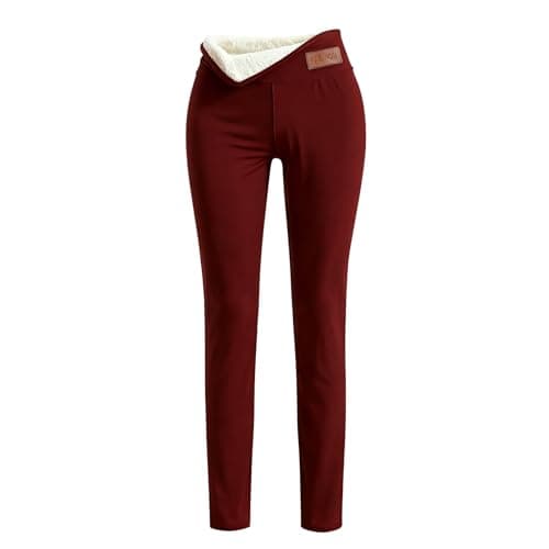 Thermal Tights Women Fleece Lined,Fleece Lined Leggings Women Thick Warm Fluffy Elastic High Waisted Yoga Pants Winter Outdoor Travel Hiking Camping Thermal Tights Tummy Control Stretchy Legging Wine — view 3