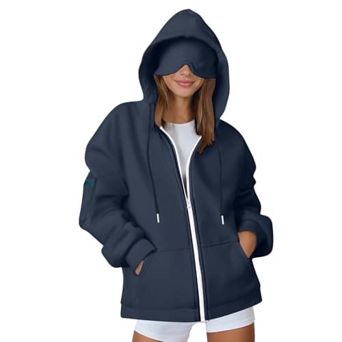 Ewleguzka Travel Hoodie with Eye Mask Women Full Zip Oversized Jacket Fleece Lined 3 Pockets Sweatshirt Jumpers Navy