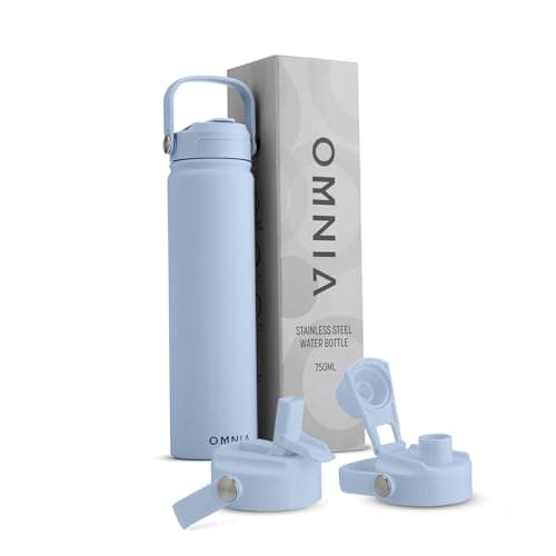 OMNIA NUTRIENTS Vacuum Insulated Stainless Steel Water Bottle, 2 Lids (Straw & Spout) Leakproof, BPA-Free, Reusable Flask Ideal for Travel and Outdoors (Sky Blue - 750 ml)