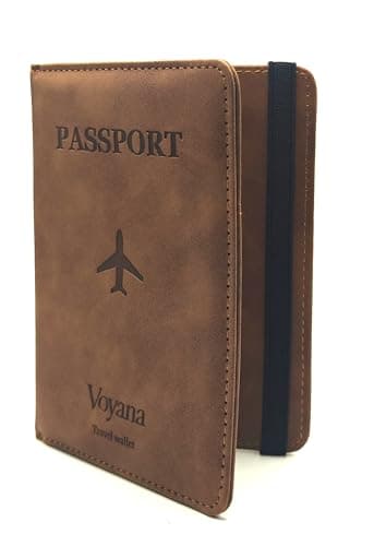 Voyana RFID Blocking Passport Holder, PU Leather Travel Wallet for Men and Women, Slim Cover for Passport, Boarding Pass, Credit Cards and Cash (Brown) — view 3