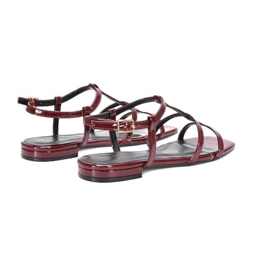 ESSEX GLAM Women's Flat Sandals Ladies Strappy Ankle Strap Buckle Caged Burgundy Patent Synthetic Leather Square Toe Shoes Size 7 — view 4