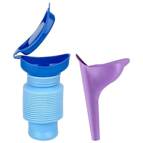 Hsrag 2PCS Collapsible Urinal Bottles Set (Blue Collapsible + Purple Funnel) – Female Urinal & Travel Toilet, Portable Pee Bottle for Adults, Kids, Camping, Long-Driving & Emergency Use
