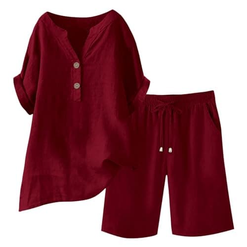 Travel Co Ord Sets for Women Burgundy Summer Cotton Linen Look 2 Piece Co-ord Set V Neck Short Sleeve Top and Elasticated Waist Shorts Casual Loungewear Outfit Size S-5XL — view 4