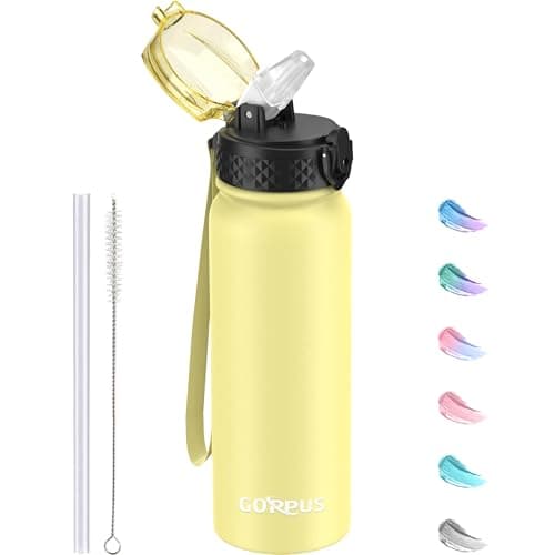 GOPPUS 600ml/20oz Stainless Water Bottle with Straw Double Wall Insulated Bottles with Strap One Hand Open Vacuum Thermal Flask with Flip Top Lid Leakproof Keep Cold Drinks BPA Free (Yellow)