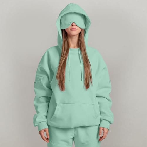 Travel Hoodie with Eye Mask Built-in Oversized Airplane Hoodie Long Sleeve Sweatshirt Pullover Solid Color Comfort Hoodies for Women Uk Autumn Winter Thermal Tops Streetwear Casual Fashion — view 2