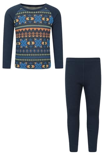 Mountain Warehouse Jacquard Kids Unisex Merino Base Layer Set - Quick Wicking, Quick Drying, Boys & Girls, Baselayer - Best for Camping, Outdoors, Travelling Dark Blue 9-10y