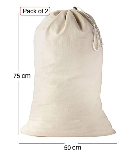 Laundry Bag Large (50 X 75 Cm | Pack of 2) Heavy duty 100% Cotton Canvas natural color fabric Draw Strings Organizer travel camp home college Dorm Dirty cloth plain Big Santa Sacks storage — view 2